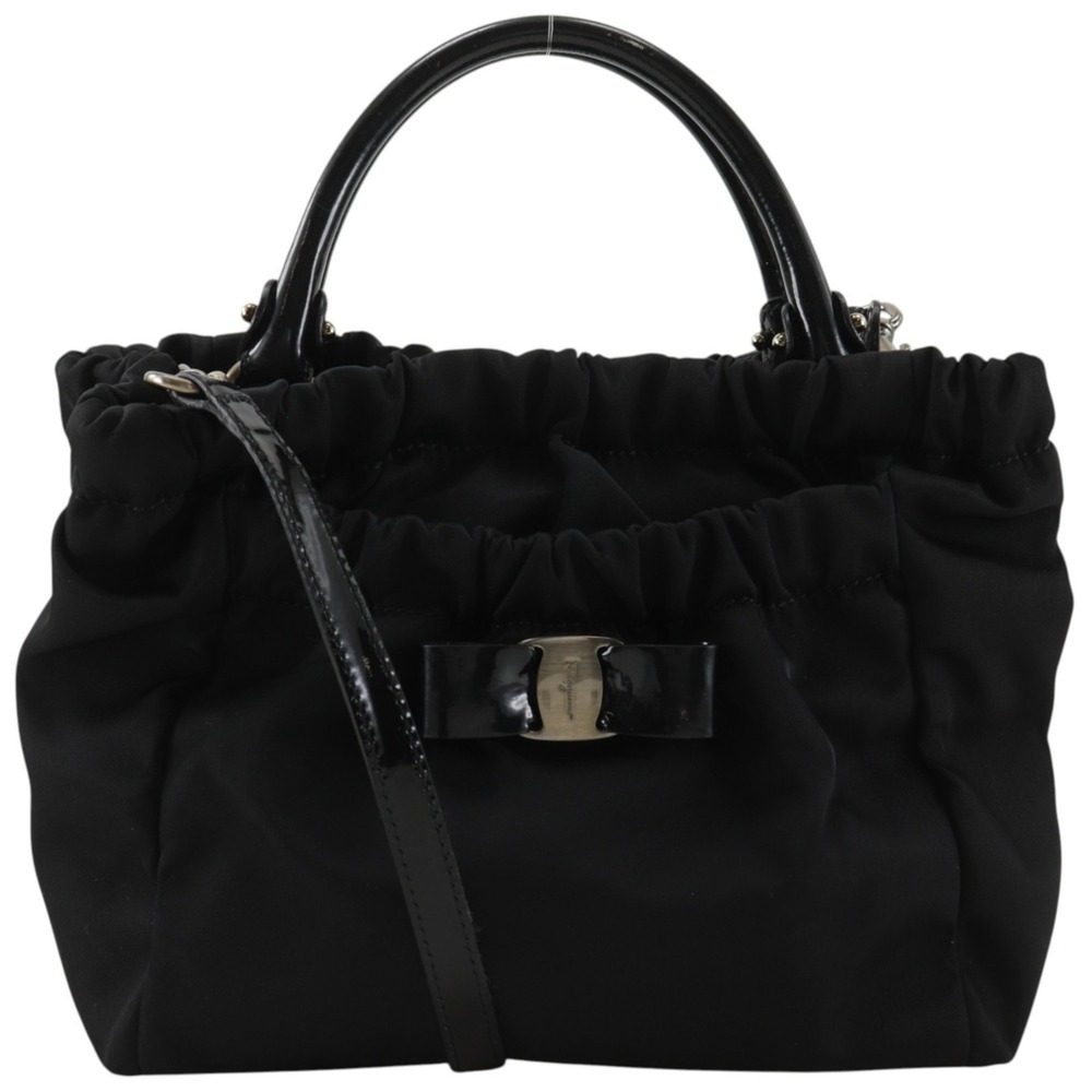 Salvatore Ferragamo Vara Ribbon Handbag, Nylon x Enamel, Black, 2-way, A5 siz...